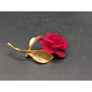 Vintage CERRITO Red Rose Brooch Pin Gold Tone Cold Enamel Floral Stem 2.5" MCM